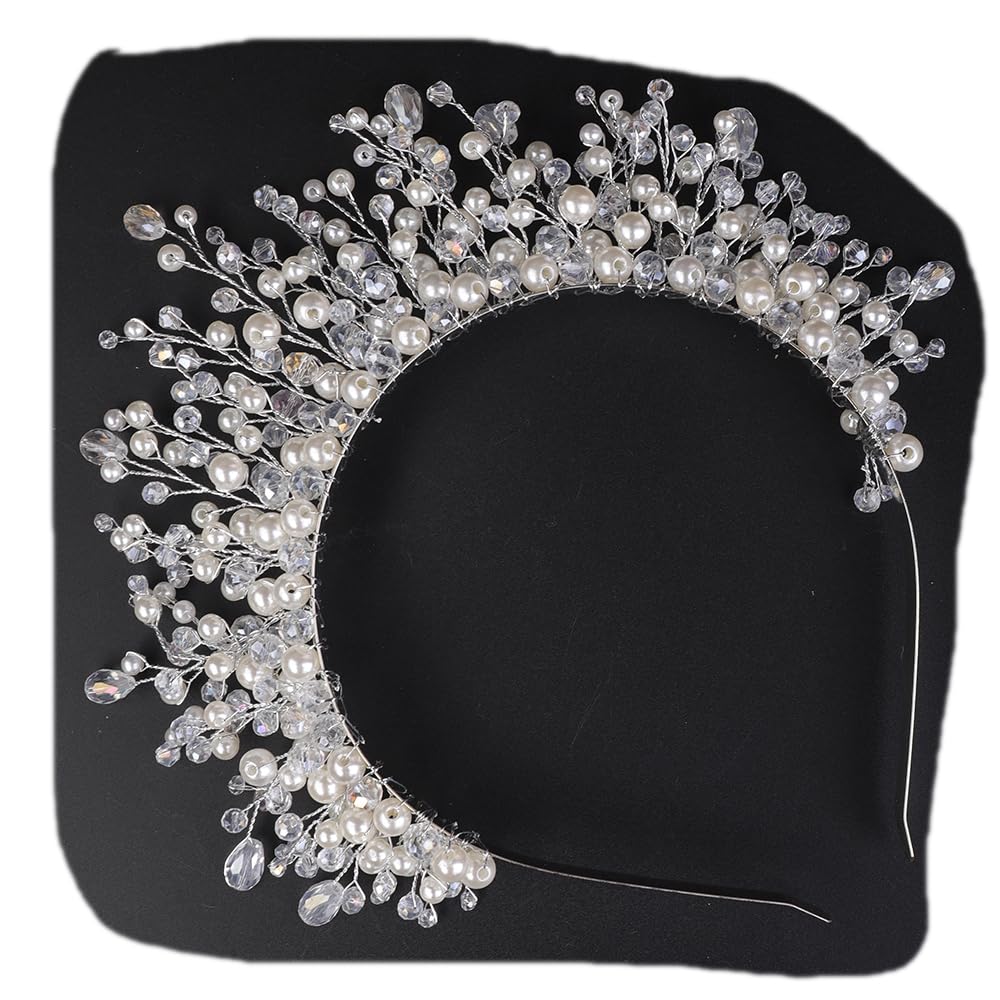 Women Bridal Crystal Pearls Hair Crown Wedding Hair Piece Silver Bride Headband for Wedding Princess Headpiece for Brides Boho Hair Accessory for Women and Girls