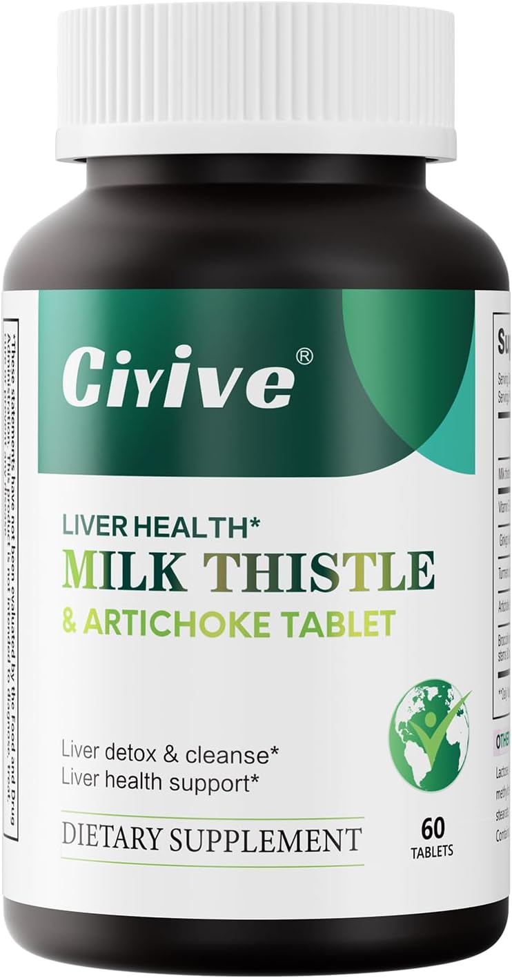 Ciyive Liver Health Supplement, containing Milk Thistle, Artichoke, Turmeric, and Dandelion extracts, 60 Tablets per Pack.