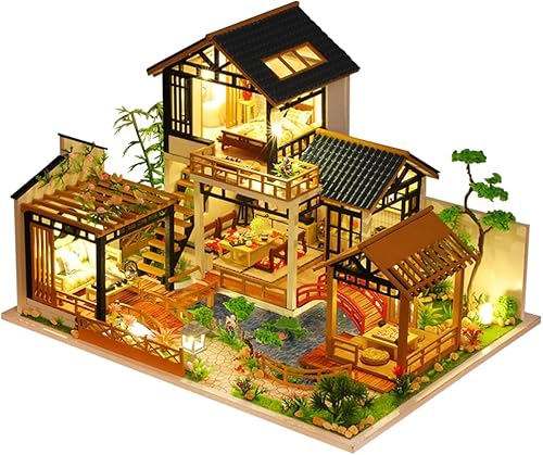 Miniatura 1 de Yuzhen Casa de muñecas en miniatura con muebles y luces LED, casa de muñecas de madera de estilo antiguo asiático incluye cubierta para el polvo y