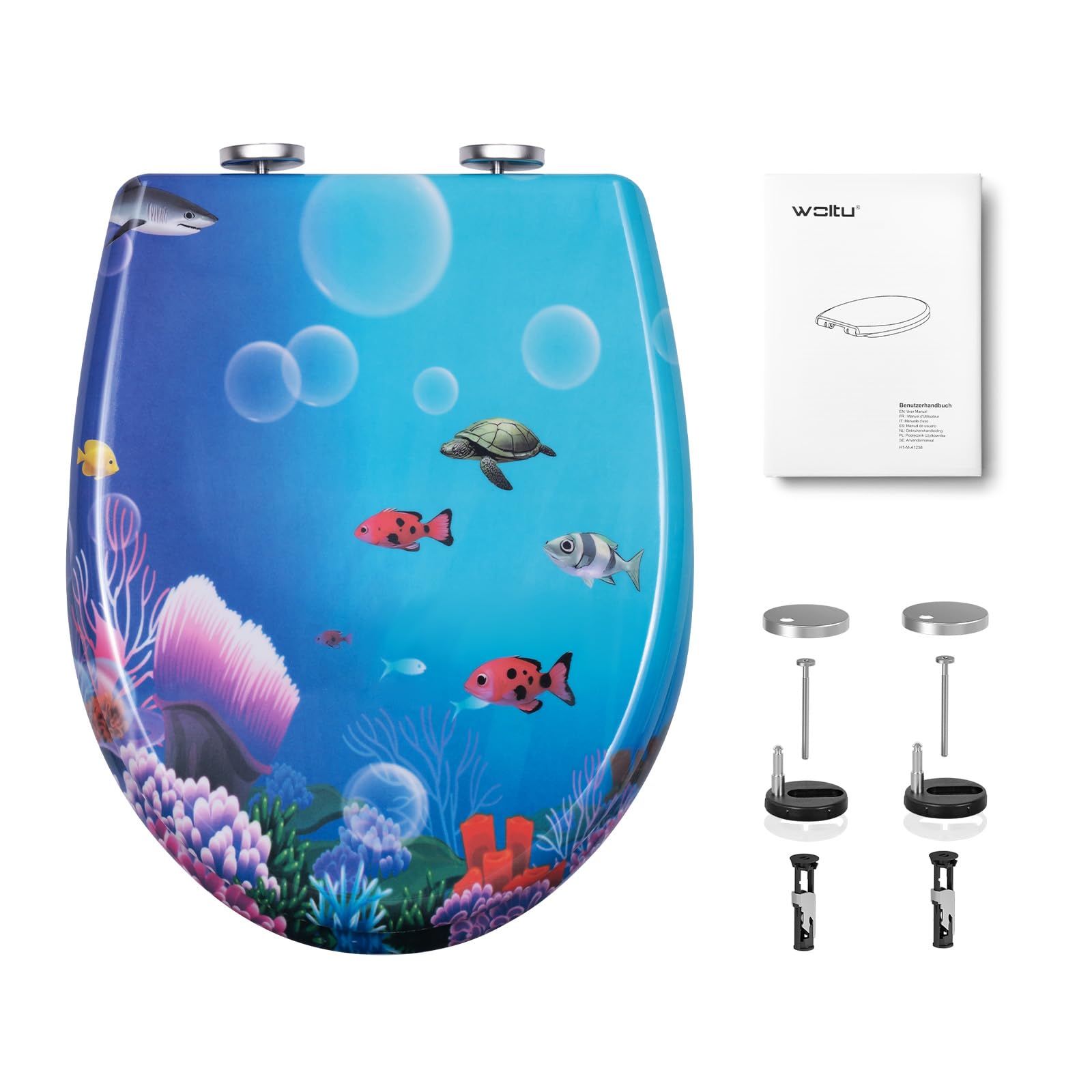 WOLTU Sedile WC con abbassamento automatico, motivo sedile WC con funzione Quick Release e, coperchio WC di alta qualità, in termoindurente, pesce