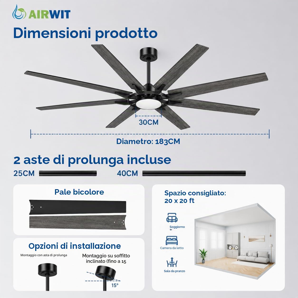 Airwit 183cm Extra Grande Ventilatore da Soffitto con Luce, 8 Doppia Faccia Pale, 8000CFM Silenzioso Lampada Ventilatore Soffitto con Telecomando e DC Motore,6 Vitesses per Grande Soggiorno, Esterno