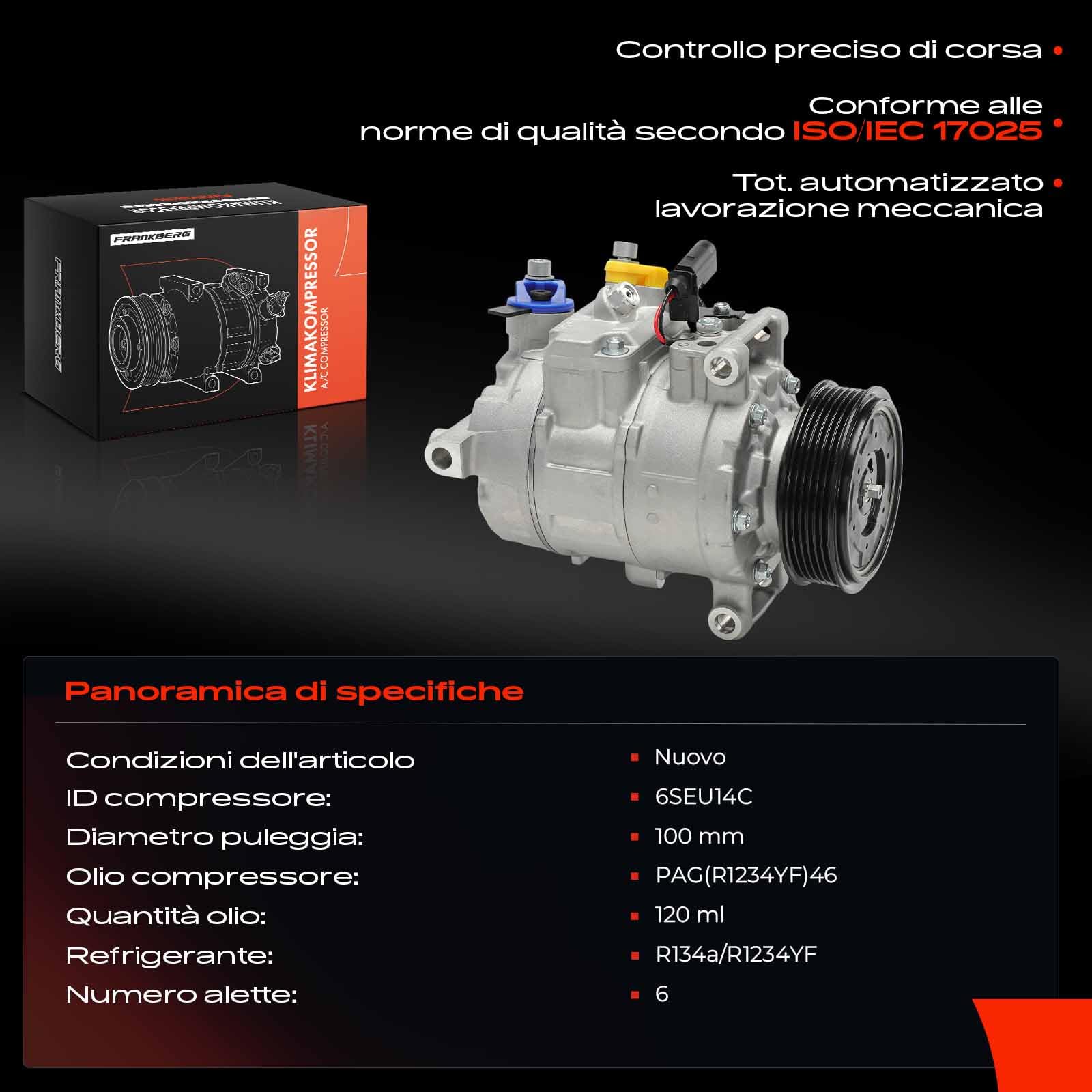Frankberg Compressore dell'aria condizionata con frizione Compatibile con A4 8KH 8E2 8EC 8K2 8E5 8ED 8K5 8H7 8HE A6 4F2 4G2 4GC 4F5 4FH 4G5 4GD Q5 8RB A5 8T3 8F7 8TA inkl. Öl vorbereift