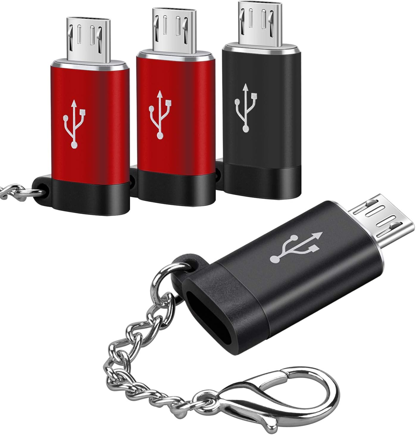 USB C Female to Micro USB Male Adapter (4 Pack),Convert Type C to Micro USB,Keychain Charger Connector Converter,Works with Smartphones,Tablets,and More Devices with Micro USB Ports,Red&Black