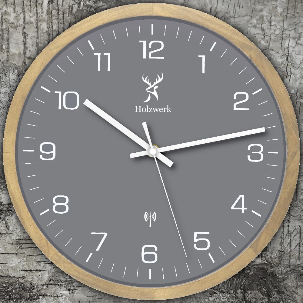 Holzwerk HARBURG Funk Natur Holz Funkwanduhr Wanduhr Holz-Uhr Vintage Funkuhr lautloses Uhrwerk ohne Tickgeräusche Buche Braun Grau Weiß lautlos aus handgefertigtem Massivholz 30 cm