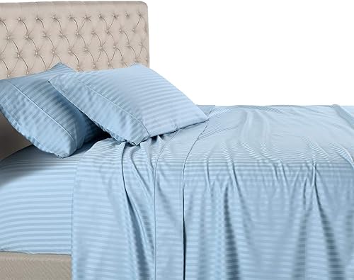 Royal Hotel Bedding Sábanas a rayas de 600 hilos, juego de sábanas de 4 piezas, 100% algodón, rayas de satén, bolsillo profundo, tamaño Queen, azul
