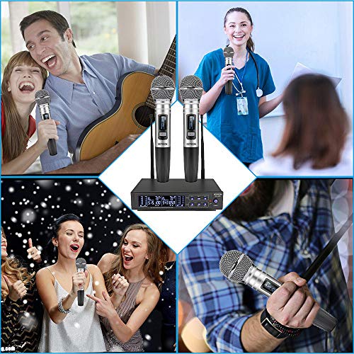 Wireless Microphone System, GEARDON 100 Channel Dual UHF Metal Cordless Handheld Mic Set with 200ft Long Range Professional Performance for Presentation/Church/Karaoke