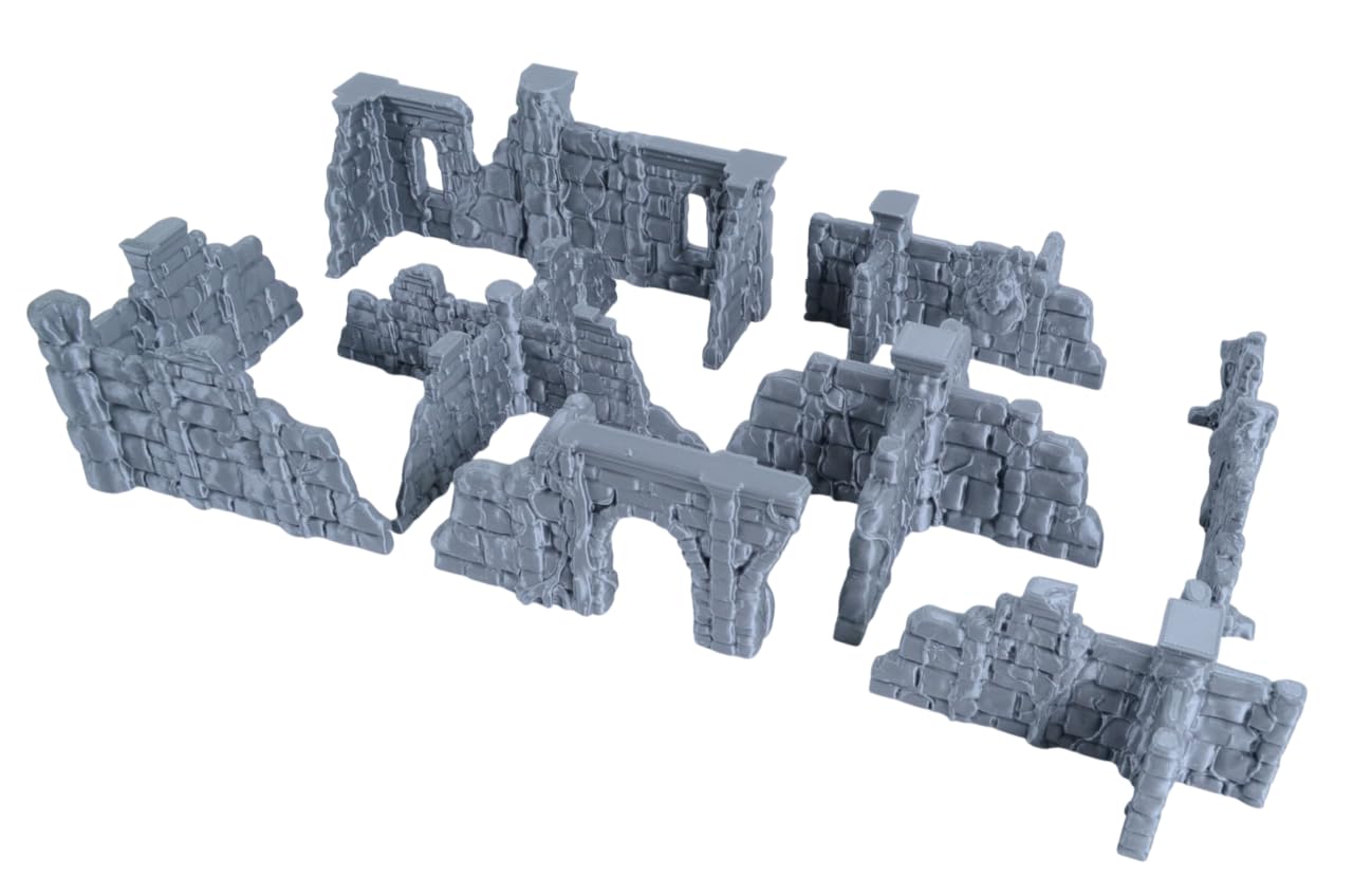 Überwucherte Ruinen-Wände für Tabletop - 28mm Fantasy Gelände freistehend, 3D-Druck aus PLA, Zubehör für Miniaturen, D&D, Conquest & Warhammer 40k, Grau