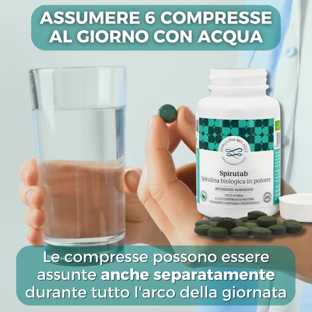 SPIRULINA BECAGLI Spirutab - Spirulina Compresse, Alga Spirulina Integratore Made in Italy, Energia Naturale e Detox, Vegan (180 Compresse (1 Confezione))