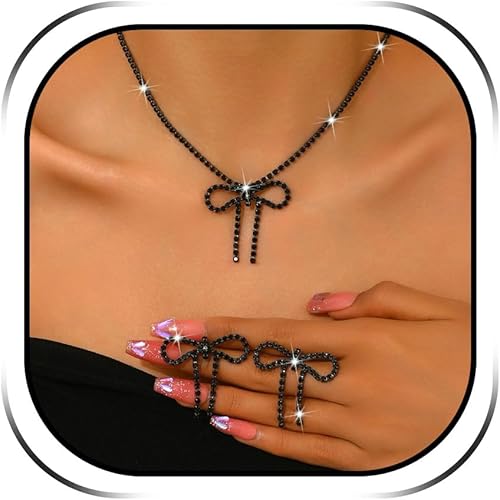 Dcfywl731 Bow Jewelry Set for Women Sparkly Rhinestone Bowknot Pendant Necklace 