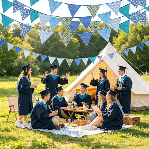 Image of Zwiebeco 32Ft Blue Fabric Floral Pennant Banner Bunting Cotton Flowers Triangle Flags Party Decorations for Birthday Wedding Engagement Bridal Baby Shower Rustic Village Sweet Home Garden Decor