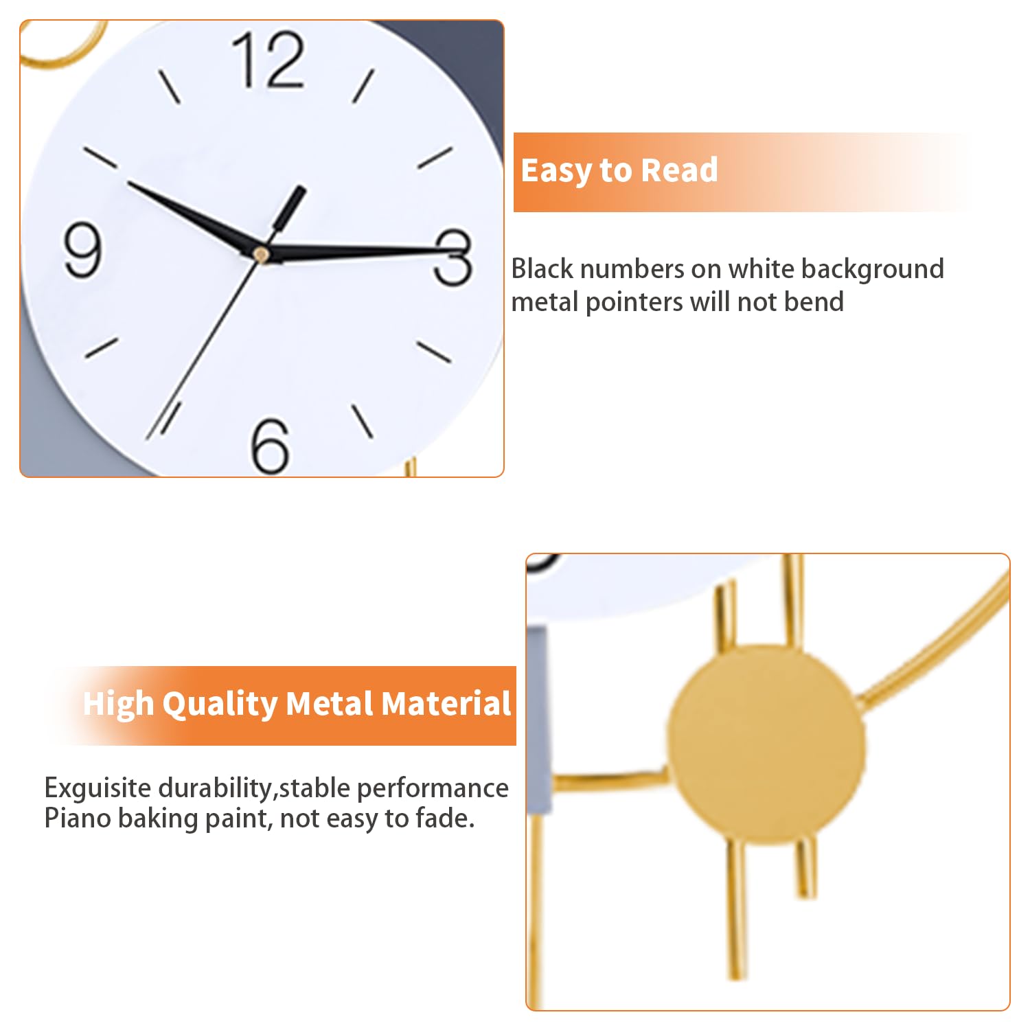 Wanduhr, geräuschlos, hochwertig, Quarz, batteriebetrieben mit Pendel, große Wanduhr für Wohnzimmer, Küche, Zuhause, Badezimmer, Schlafzimmer, Wanddekoration, 33 x 55 cm (Golden)