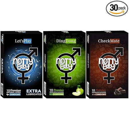 NOTTY BOY Extra Lubricated, Plain Without Dotted, Chocolate and Apple Flavoured Condoms - (3x10s)