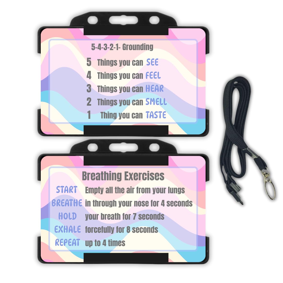 Mindfulness Breathing Card and 54321 grounding Card with Lanyard, Dual Sided Card Holder with 1 Breakaway Lanyard, Hidden Disability Accessories, Breathing Exercises, Grounding Exercises