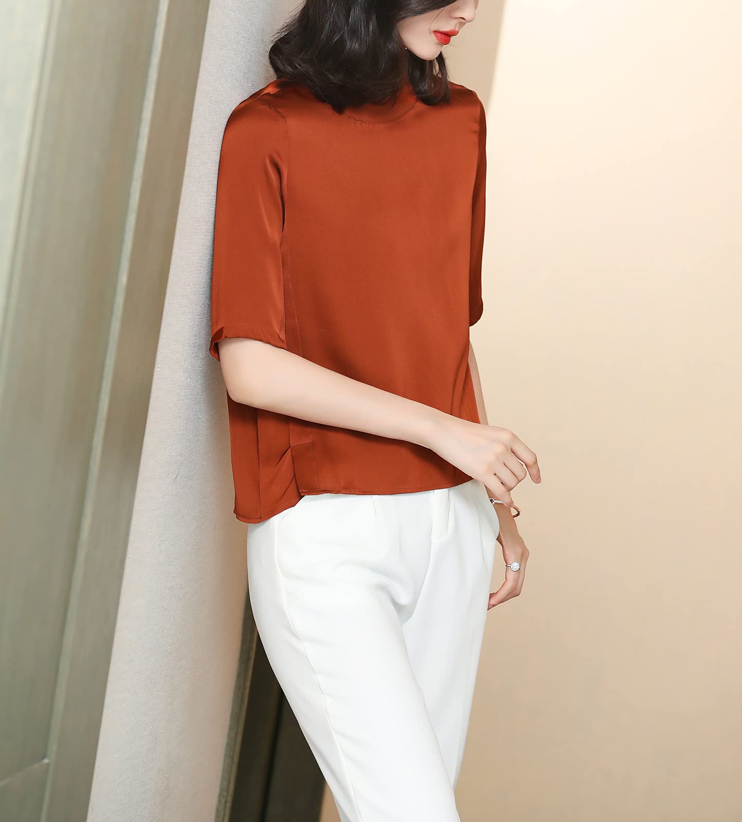 E-girl Blusa de seda para mujer, camisas sólidas puentes, blusa de manga corta, cuello alto, blusa de seda, S3356
