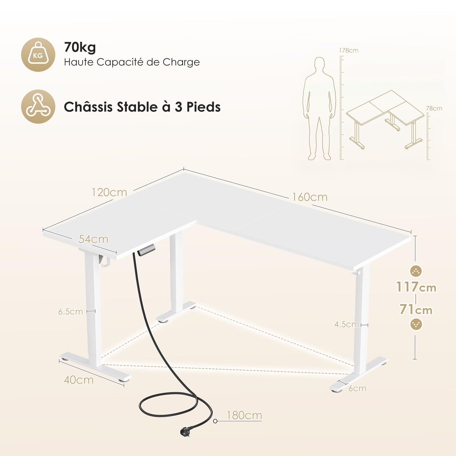 OffiGo Bureau d'angle Assis Debout, 160 x 120 cm Ergonomique réglable Hauteur en Bureaus d'ordinateur Assis Debout, pour Bureau à Domicile, Blanc