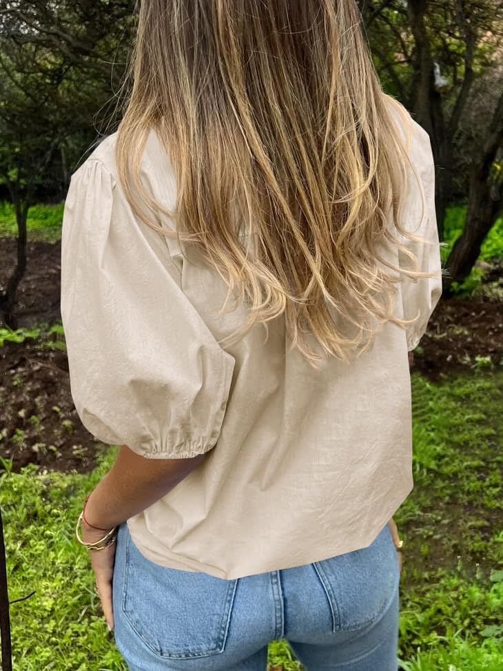 Image of Tankaneo Women's Button Down Shirts Short Puff Sleeve Collared Dressy Casual Blouse Tops
