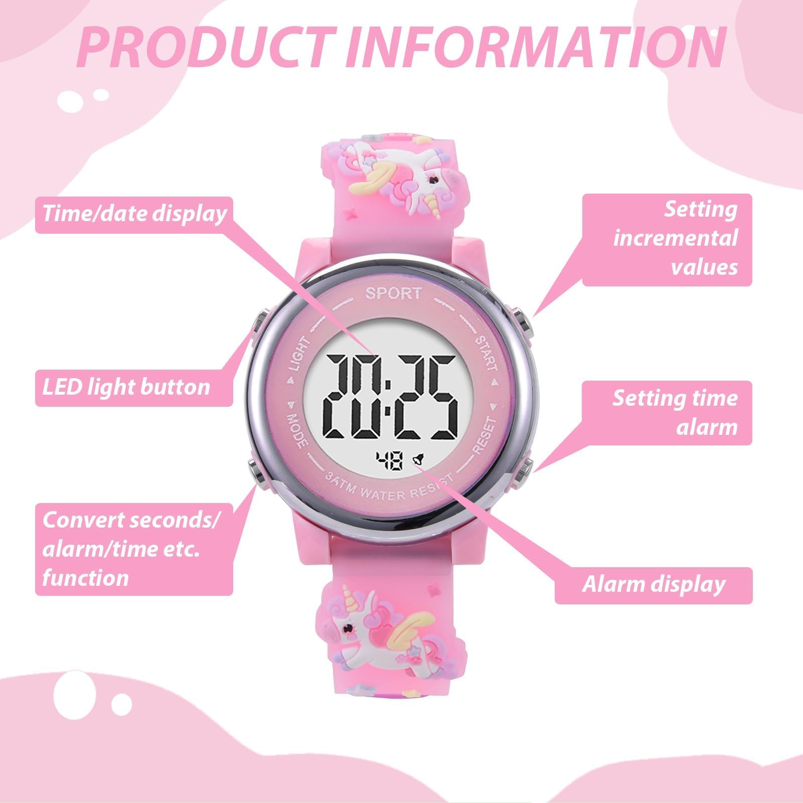 Reloj Infantil Digital Educativo de Silicona con Dibujos Animados 3D, Luz LED 7 Colores, Multifunción Regalo para Niñas 3-12 Años