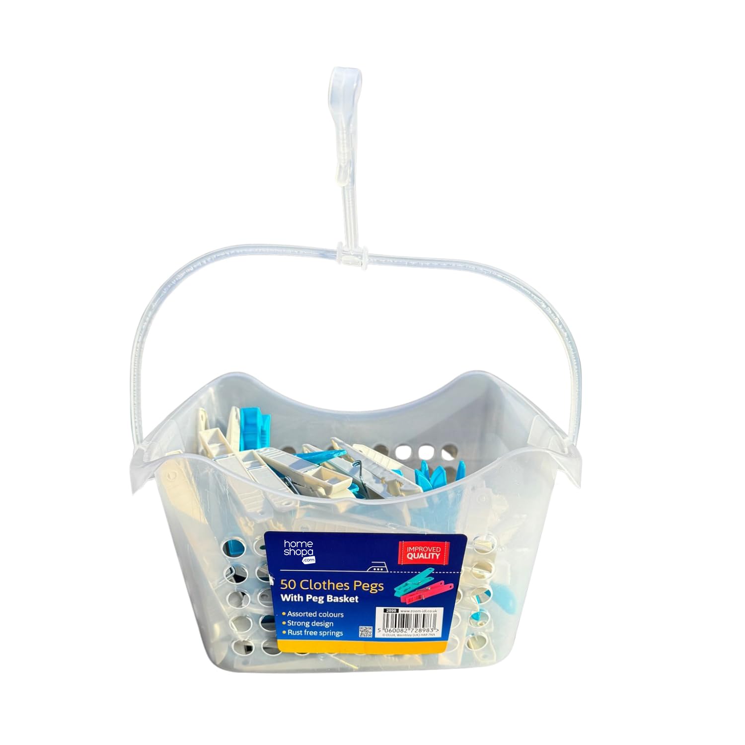 50 Large Clothes Pegs in Hanging Storage Basket for Washing Line Laundry Airer Strong Basket Garments Indoor/Outdoor Assorted Colours Pegs with Basket (Clear)