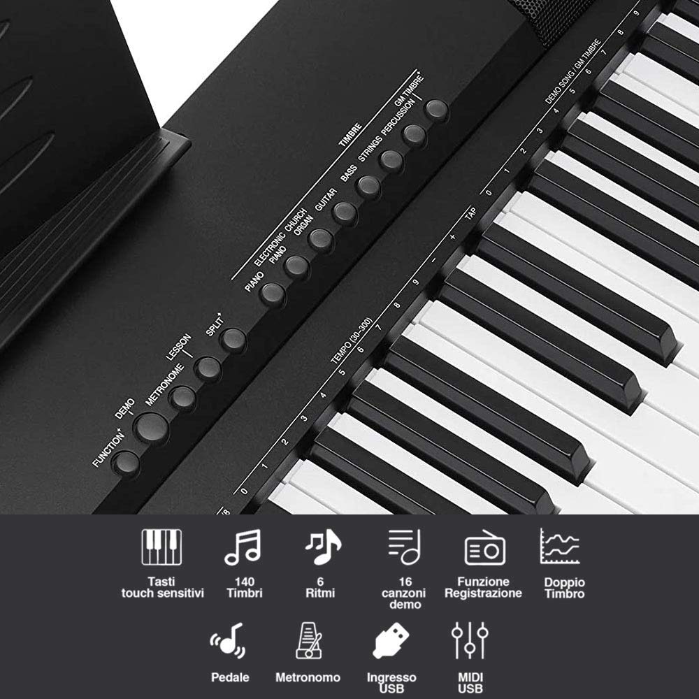Bakaji Tastiera Musicale Pianola Elettronica 88 Tasti Semi Pesati Pianoforte Multifunzione con 140 Ritmi 6 Strumenti Musicali Funzione Split Twinova Ingresso AUX USB + Leggio e Pedale