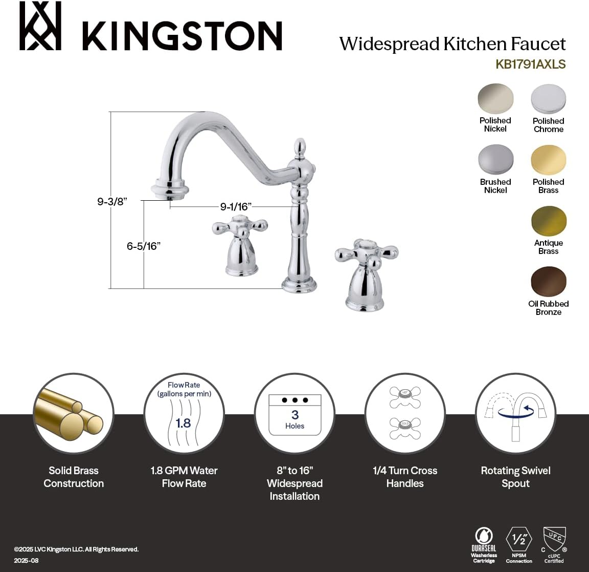 Kingston Brass KB1791AXLS Heritage 8-Inch Centerset Kitchen Faucet, Polished Chrome