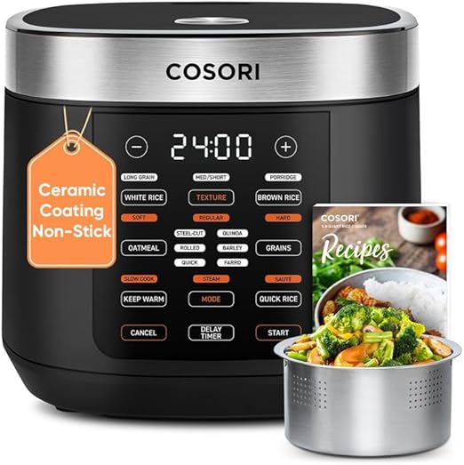 COSORI Rice Cooker 10 Cup, 24h Keep Warm, Non-stick Ceramic Inner Pot, 18 Functions Fuzzy Logic Rice Maker with Stainless Steel Steamer Basket, Sauté, Slow Cooker, Black