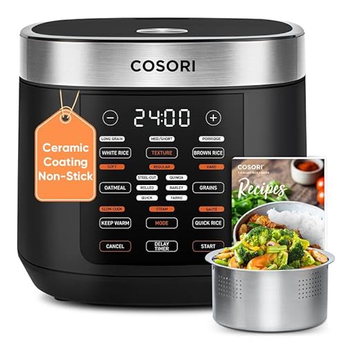COSORI Rice Cooker 10 Cup, 24h Keep Warm, Non-stick Ceramic Inner Pot, 18 Functions Fuzzy Logic Rice Maker with Stainless Steel Steamer Basket, Sauté, Slow Cooker, Black - Rice Cooker