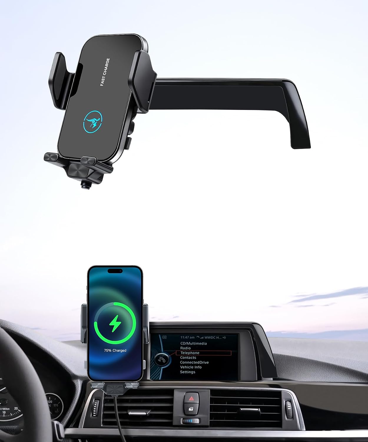 15W Wireless Fast Charger for 2012-2018 BMW 3 Series / 2014-2018 2 Series/4 Series Accessories 6.5 inch Screen Fixed Clip, Interior Decoration Mobile Phone Mount, 360° Rotation