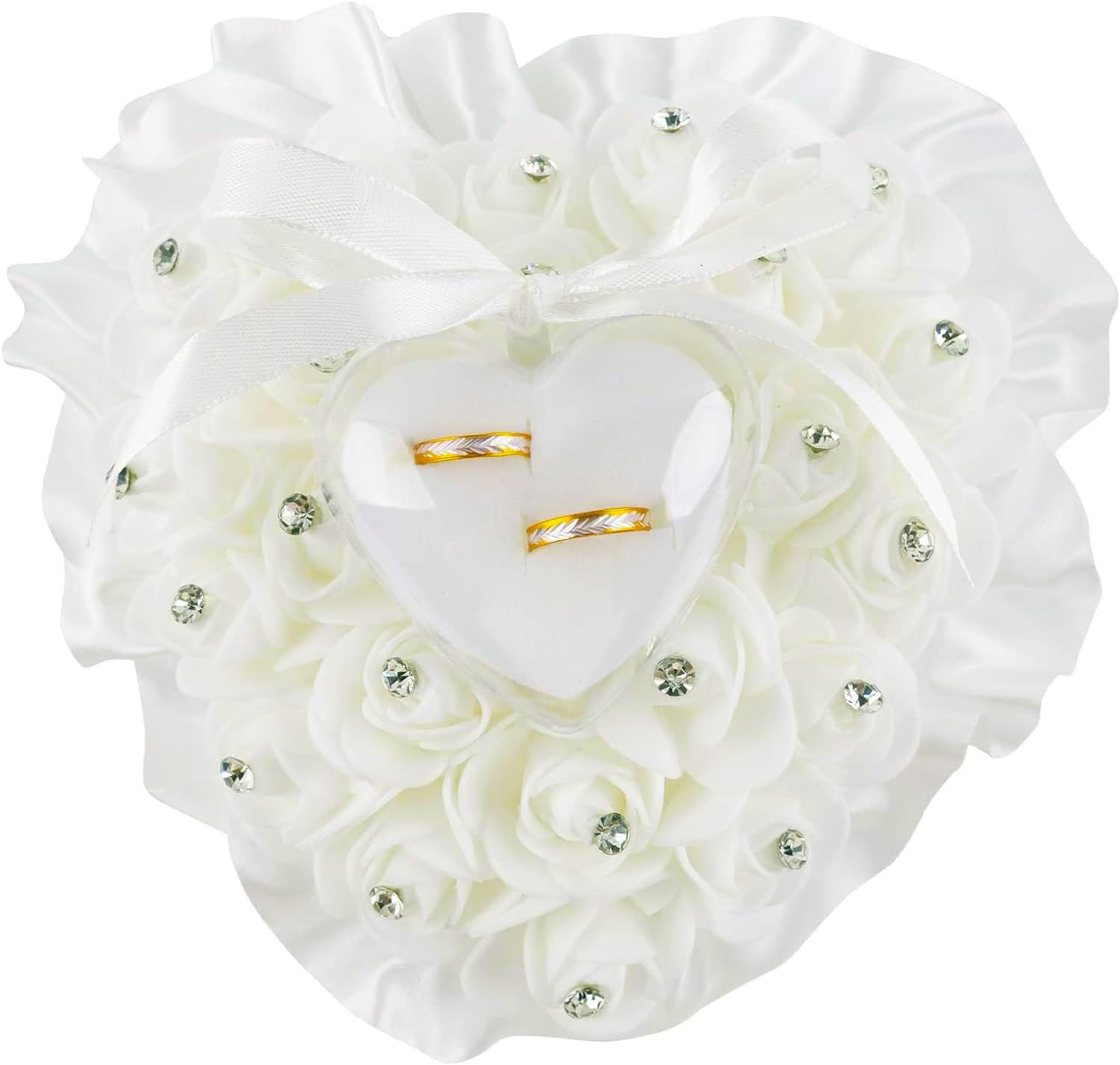 Framendino, White Heart Shape Wedding Ring Pillow Elegant Decoration Cushion Bearer Box with Ribbon Bowknot