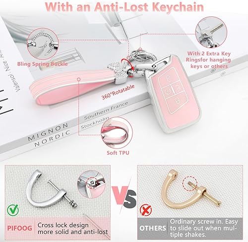 Miniatura 3 de PIFOOG Funda para llavero de TPU con llavero de coche brillante, borde plateado grande rosa, Borde rosa y plateado grande