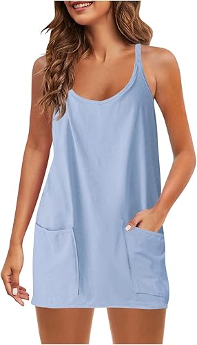 LONKITO Vestido corto casual de verano para mujer, cuello en V, sin mangas, con bolsillos, casual, holgado, sin mangas