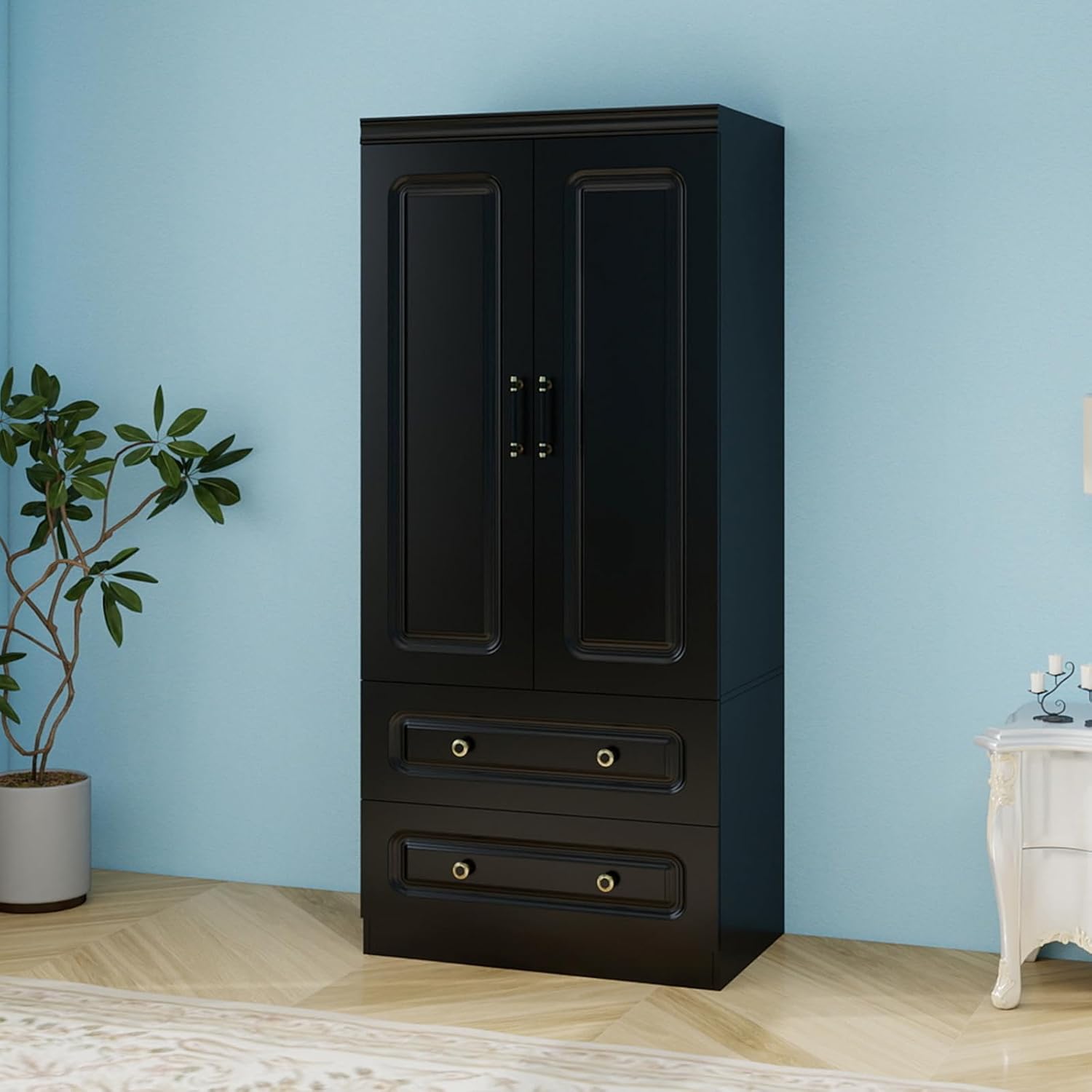2 Door Armoire Wardrobe Closet with 2 Drawers Storage Cabinet Wooden Wardrobe Closet with Hanging Rod & Shelves Tall Wardrobe Closet for Bedroom Black