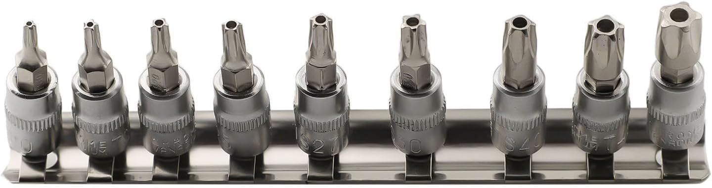 9pcs 5 Point Star For Torx Bit Socket Set 1/4 Inch Drive for Sizes TS10 TS15 TS20 TS25 TS27 TS30 TS40 TS45 TS50 Metal Material with Notched Drive End for Secure Connection