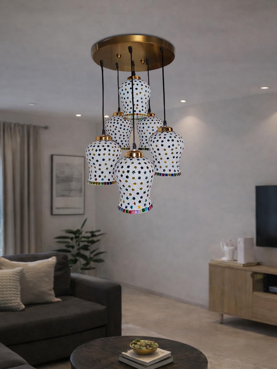Devansh 6-Light Mosaic Glass Chandelier Ceiling Light (Leaf Pattern Glass) with Gold Finish – Decorative Cluster Pendant Lamp for Living Room & Hall-picture-10