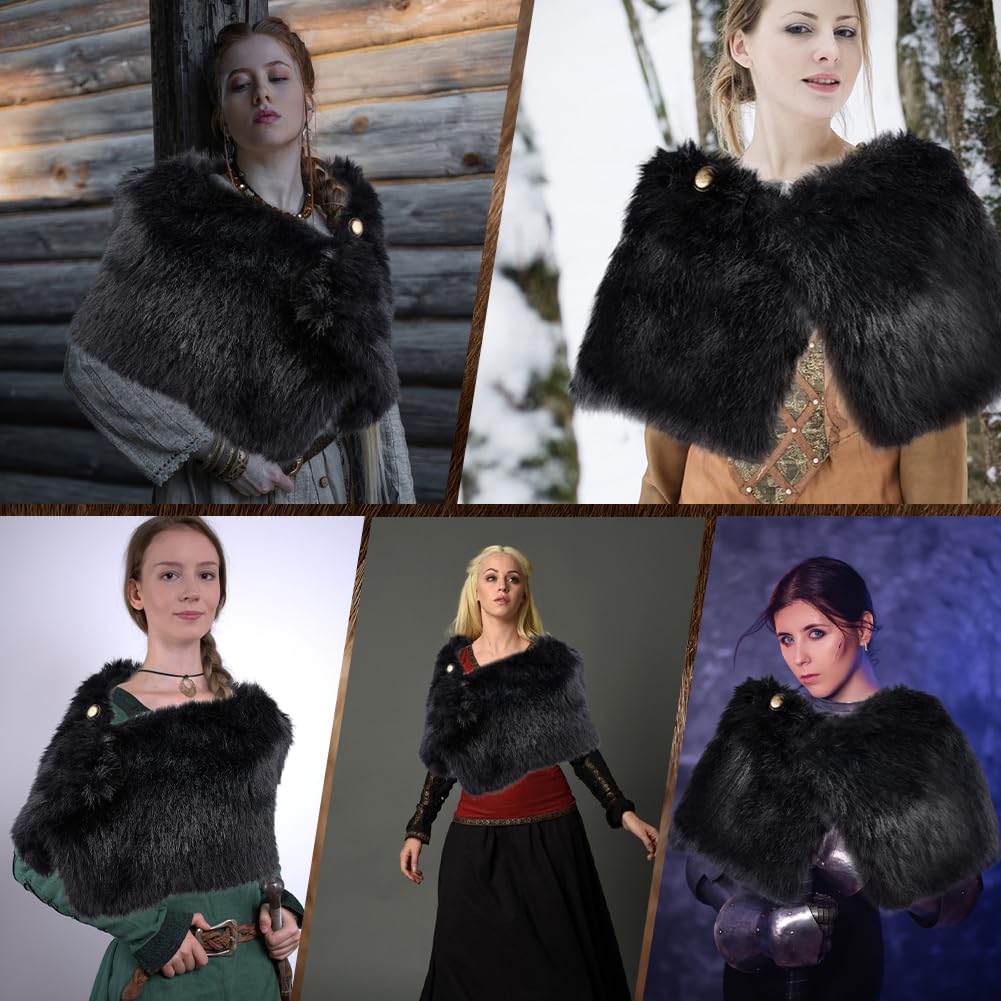GORGECRAFT Viking Faux Fur Cape Shawl Medieval Wool Mantle Shoulder Wrap Collar Black Warrior Queen Renaissance LARP Cosplay Cloak Costume with Leather Belts for Women Halloween parties - Image 4
