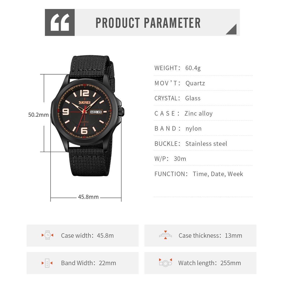 findtime Montre de sport étanche pour homme avec bracelet en nylon de 255 mm - Montre analogique pour homme