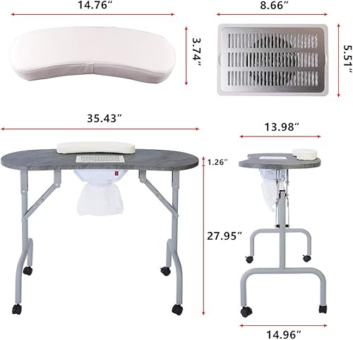 Vista 9 de Mesa de manicura portátil plegable para uñas con colector de polvo, mesa profesional de tecnología de uñas para técnico, spa, sala de trabajo