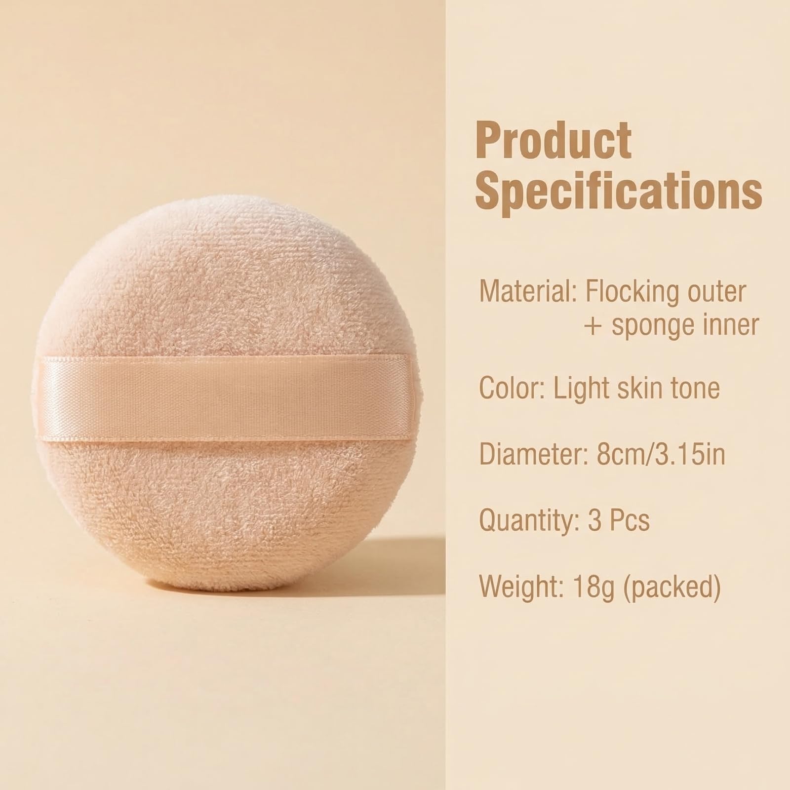 Runde Velour-Puderquasten mit Band, 8 cm, weicher Schwamm, Gesicht, Make-up, Kosmetik, loser Puderquaste, Foundation, Beauty-Werkzeug, 3 Stück (Beige)