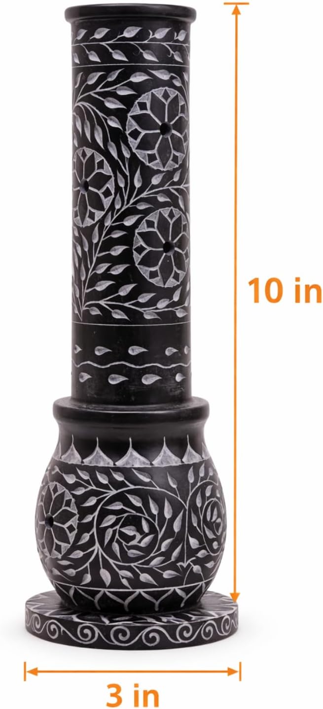 Hand Carved Marble Soapstone Incense Stick Holder – Black Incense Burner with Ash Catcher Base, Tea Light & Camphor Holder, Decorative Home & Puja Decor (3 x 3 x 10 Inch).