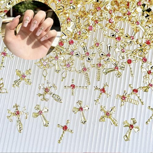 Gold Cross Nail Charms 21pcs, Y2K Vintage Cross Nail Art Rhinestones Pink Gems Shiny Nail Jewelry Acrylic Accessories for Women DIY Nail Decorations Manicure Supplies — view 2