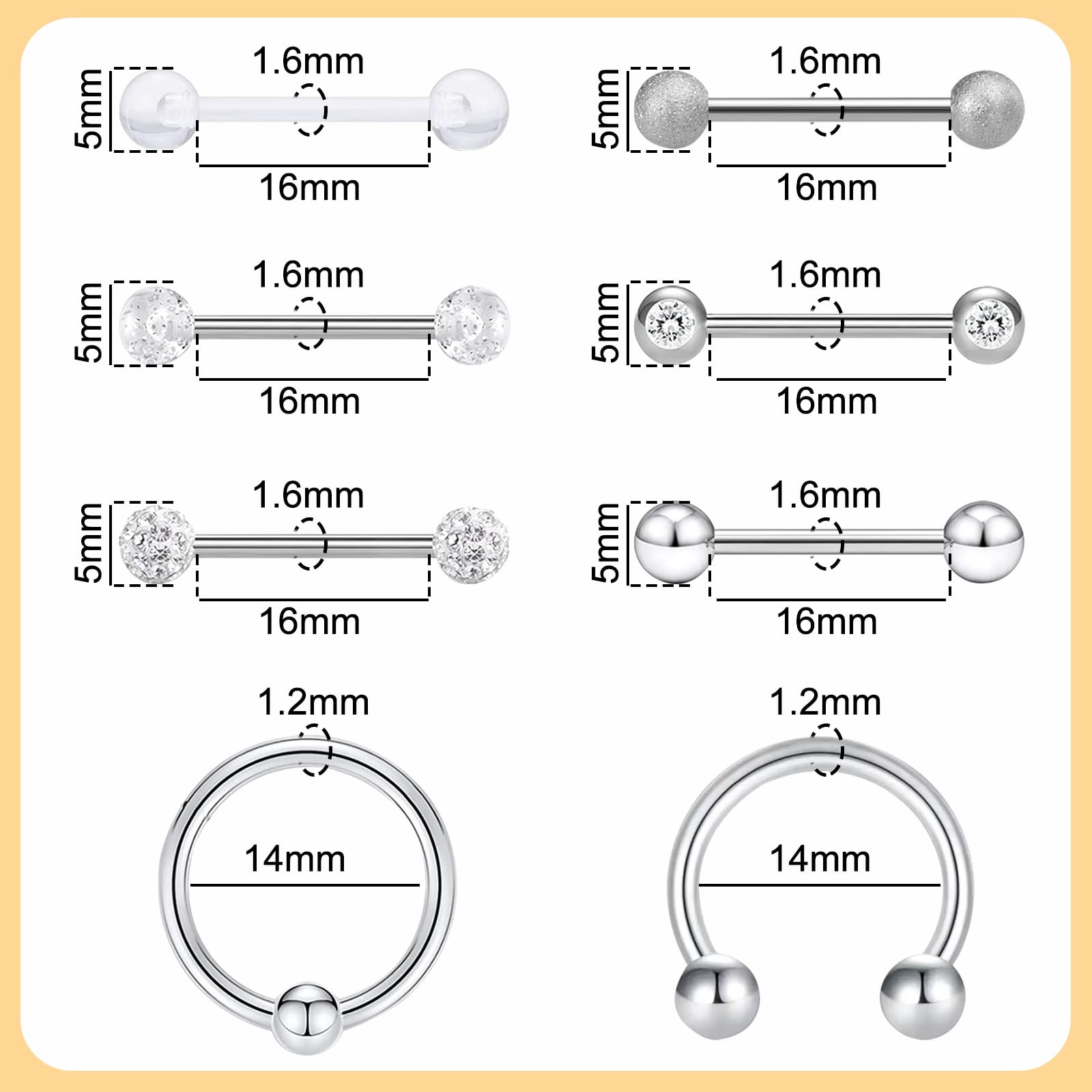 TYXHXTF 16Pcs Piercing per Capezzolo, Piercing Lingua Acciaio Chirurgico, Gioielli Piercing Corpo Argento per Piercing Barbells Donna