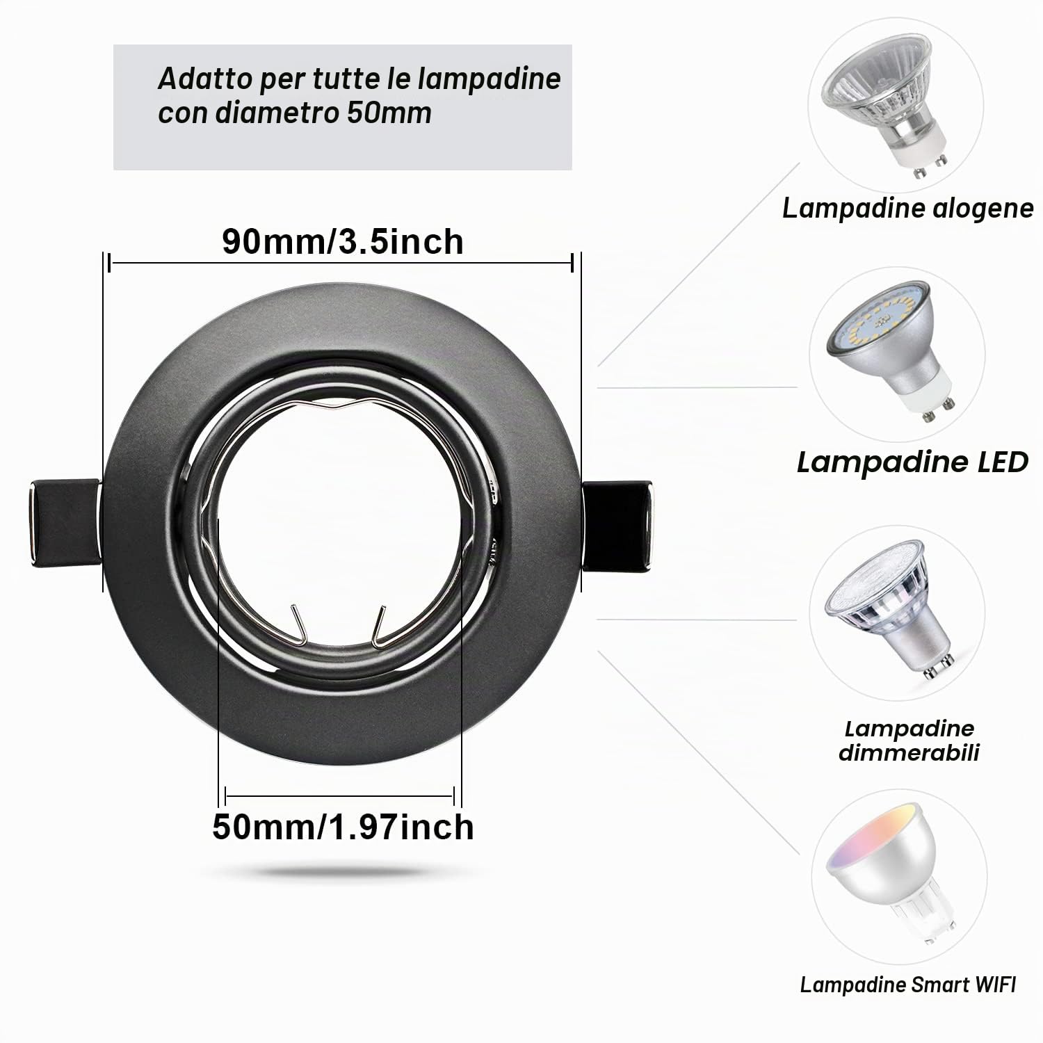 Allesgute 10er Set Faretti Da Incasso GU10 Cornice Da Incasso Nero Opaco Orientabile Rotonda 230V Diametro Foro 68mm Incl. Zoccolo GU10 Per Lampadina LED O Alogena