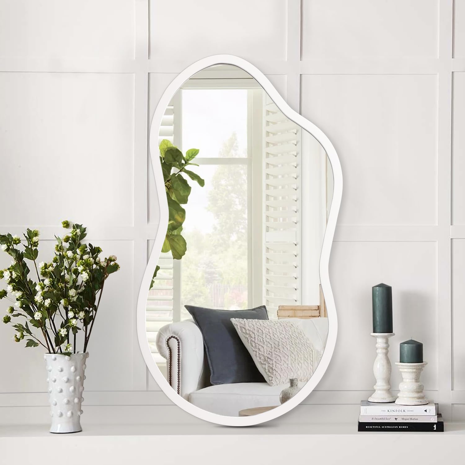 AAZZKANG Small Wall Mirror with Irregular Wood Framed Decorative White Mirrors for Bedroom Dressing Room Living Room Bathroom Entryway