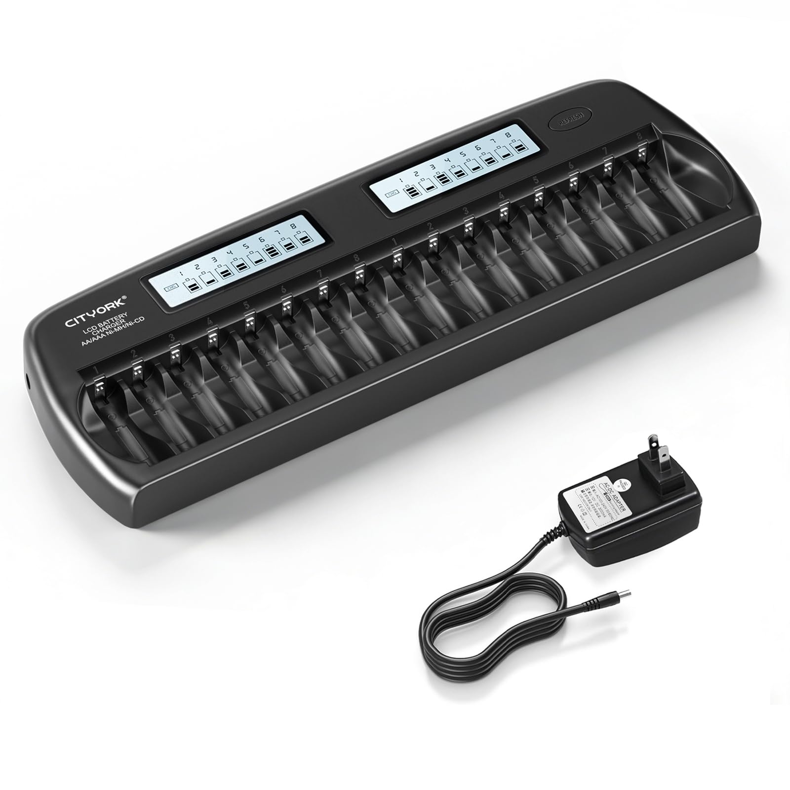 CITYORK Chargeur de batterie 16 baies AA AAA, écran LCD intelligent, chargeur de batterie NiMH pour piles rechargeables 1,2 V AA/AAA NiMH/NiCd avec fonction de décharge et protection IC intégrée