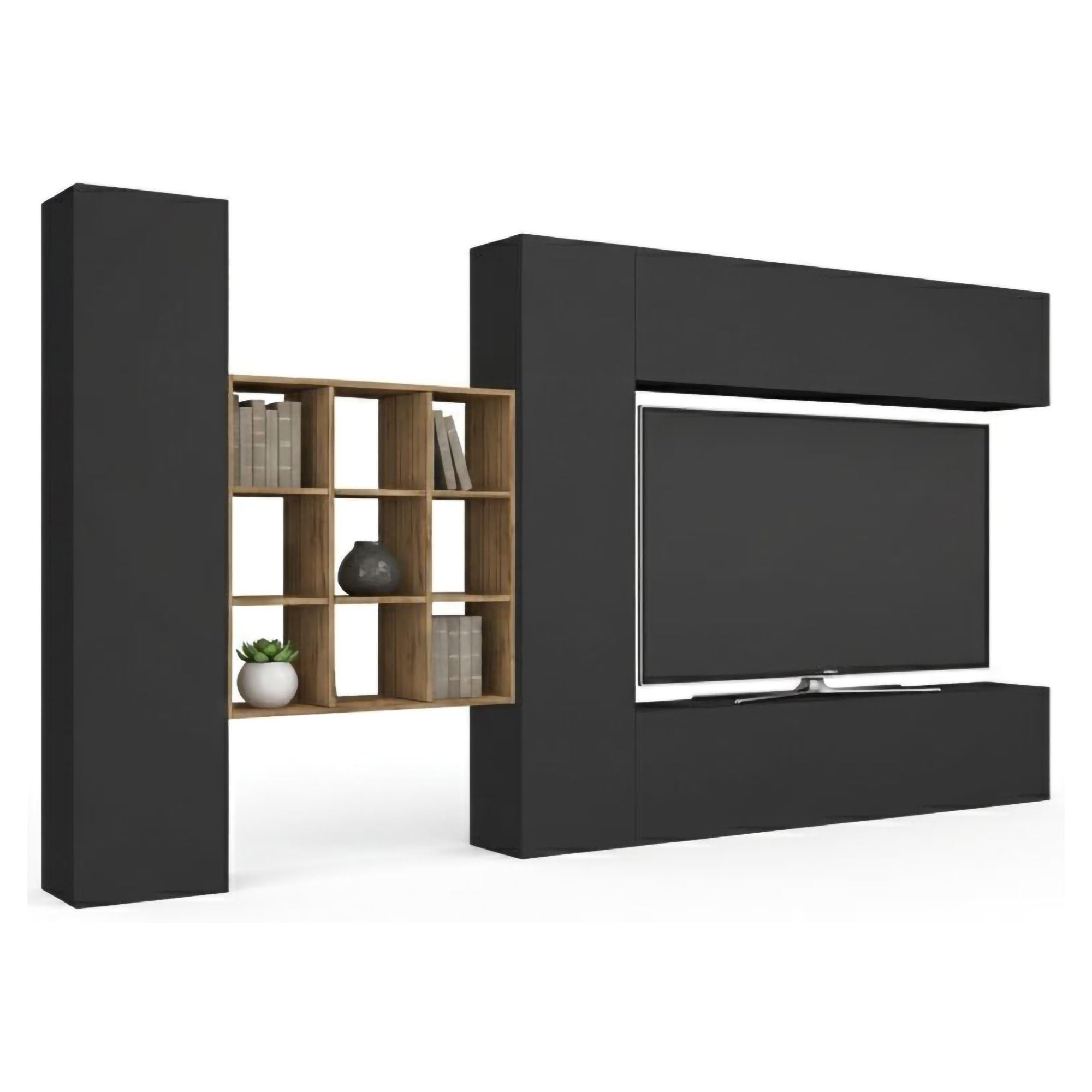 Dmora Parete Attrezzata Gualtiero 30x350x180h cm Nero Antracite 20 Ripiani 4 Ante, Apertura Battente e a Ribalta Made in Italy