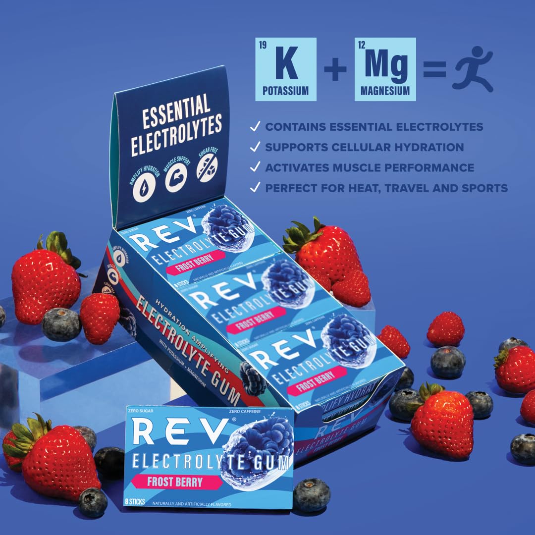 REV Electrolyte Gum, Frost Berry, Sugar-Free with Essential Electrolytes,12 Count (12 Pack, Frost Berry)