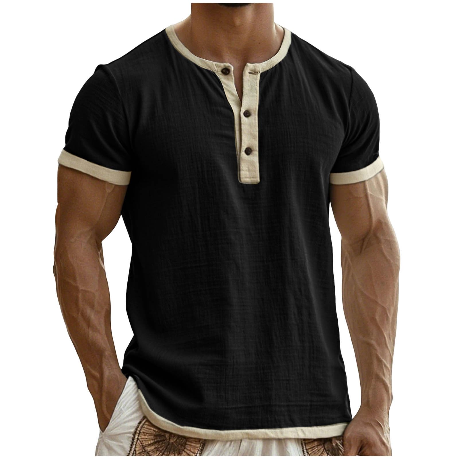 Mens Linen Henley Shirts Button Short Sleeve Beach T-Shirt Summer Casual Basic Tees Lightweight Beach Travel Tops