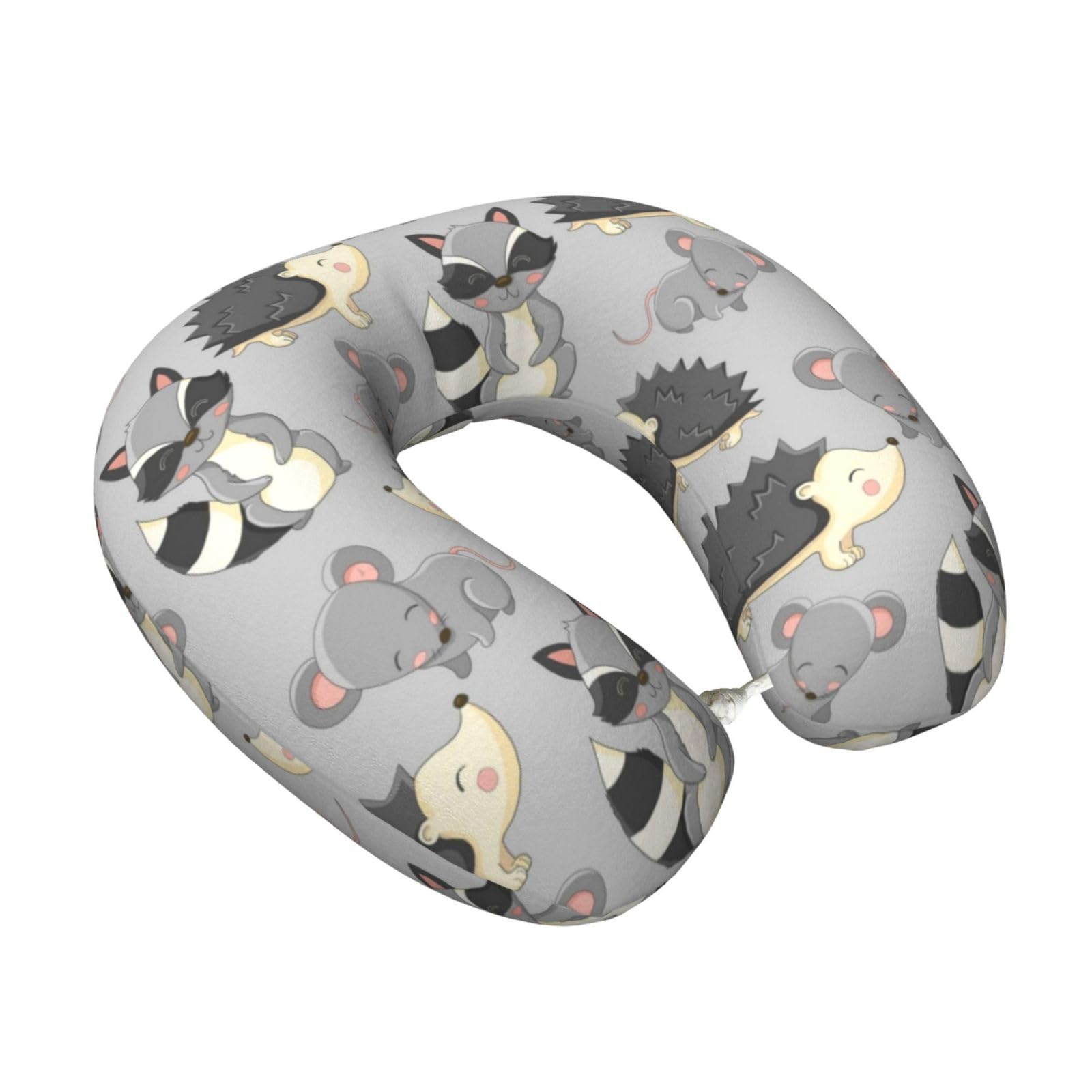 LKYMOH Grey Background Hedgehogs Mice Raccoon, Travel Neck Pillow U-Shaped Memory Neck Support Soft Comfortable With Washable Cover For Airplane Car Traveling and Office