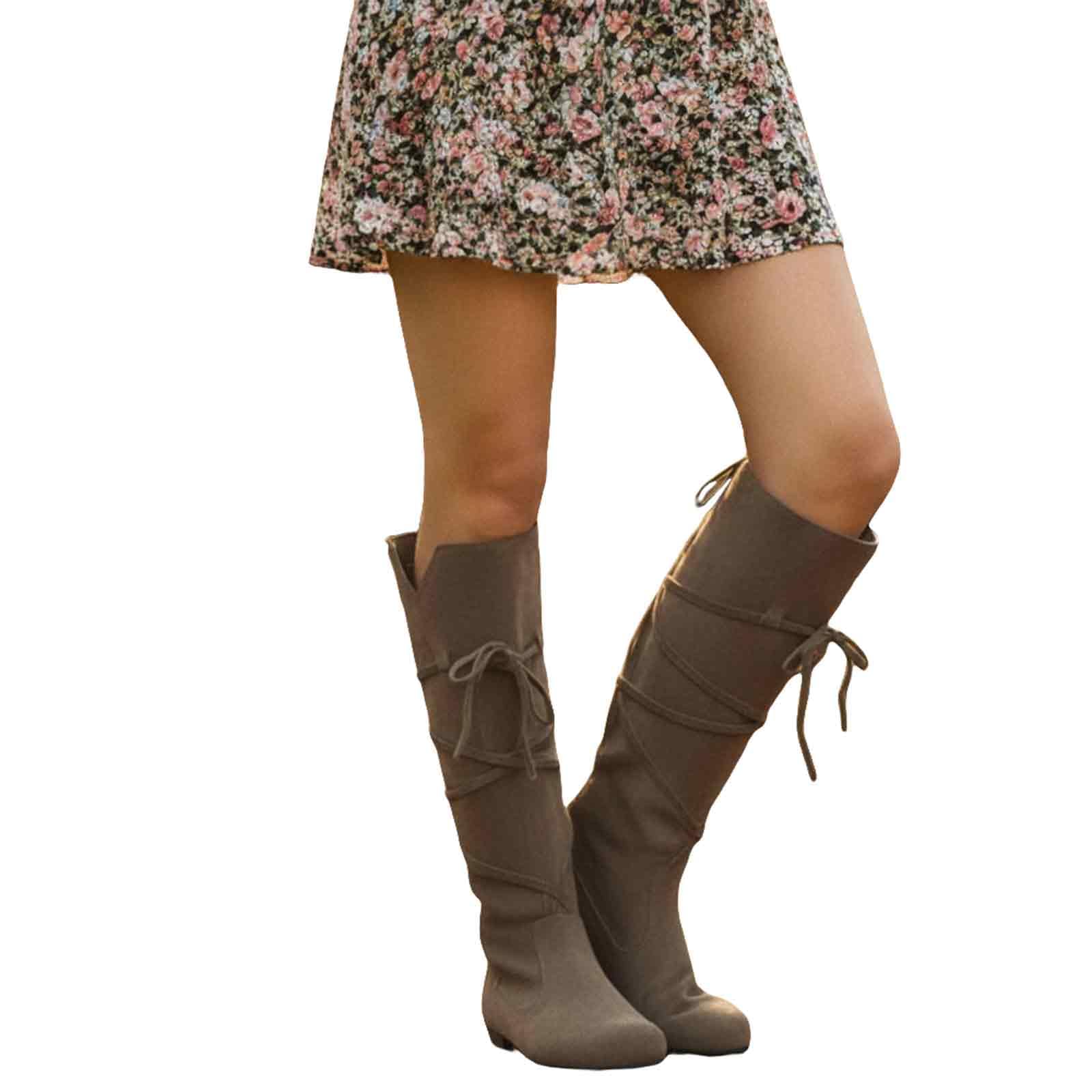 Botines medievales de ante para hombre y mujer, hasta la rodilla, planas