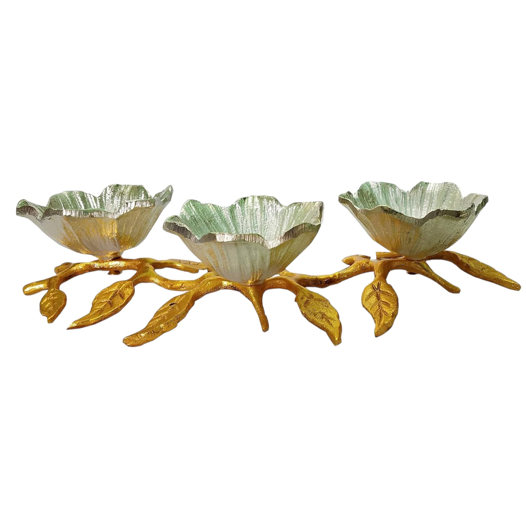 extreme karigari flower shape decorative serving bowls on leaves stand, 3 bowls | dry fruits serving bowls | tableware | centerpiece | gifting (color- gold & german silver)