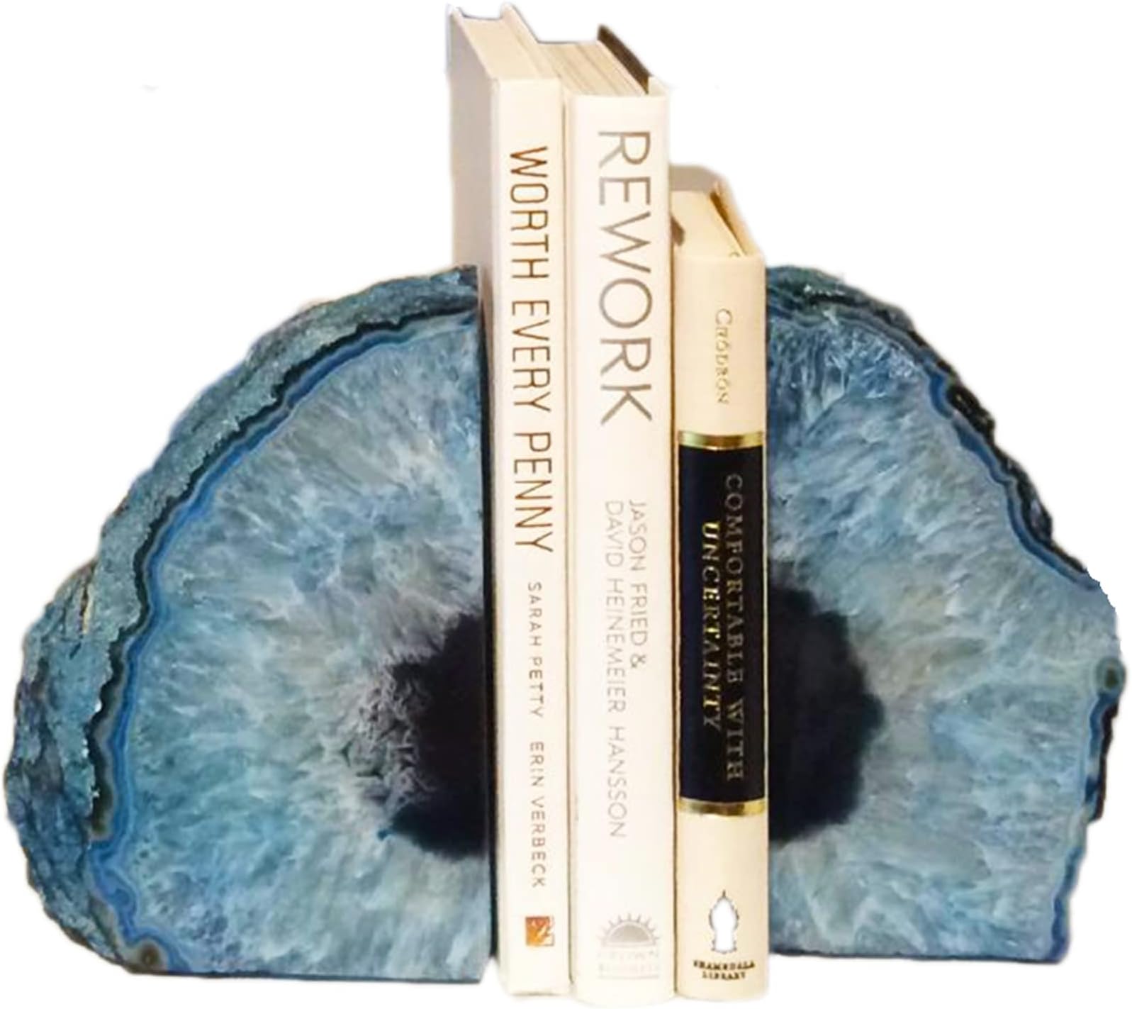 Agate Bookends Dyed Blue Book Ends for Heavy Books Geode Bookends for Bookshelf Decor Cute Stone Bookends with Rubber Bumpers for Office Décor and Home Decoration(1 Pair,6 to 8 Lbs)